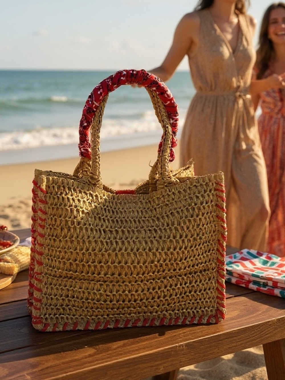 Woven Straw Lobster Tote Bag with Red Bandana Handles and salt and pepper shaker - Picture 2 of 3